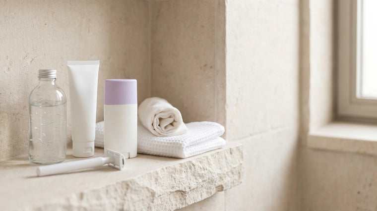 Taş banyo rafında aloe vera jeli, yatıştırıcı krem, güneş kremi, havlu ve jilet